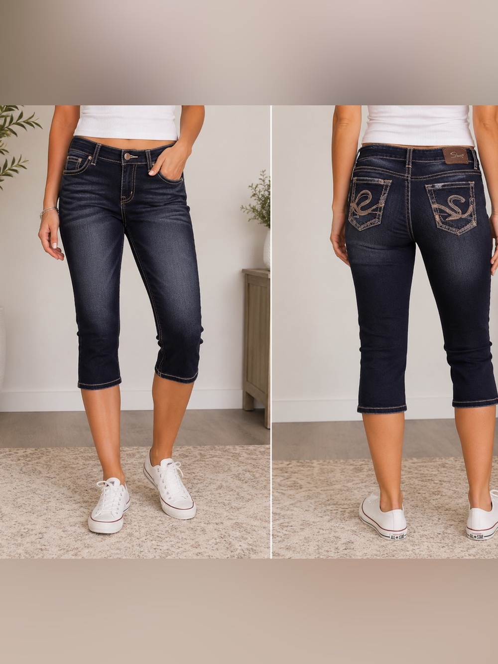 Silver Suki Dark Wash Capri Jeans | Mid Rise Stretch Denim | Women’s W32 L22.5